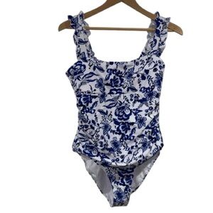 Floral swimsuit blue White Swim Aimage medium lined ruffled adjustable straps